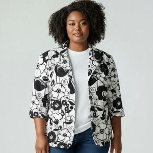 NWT Lafayette 148 Linen Blend Black White Floral 3/4 Sleeve Buttoned Blazer - 22